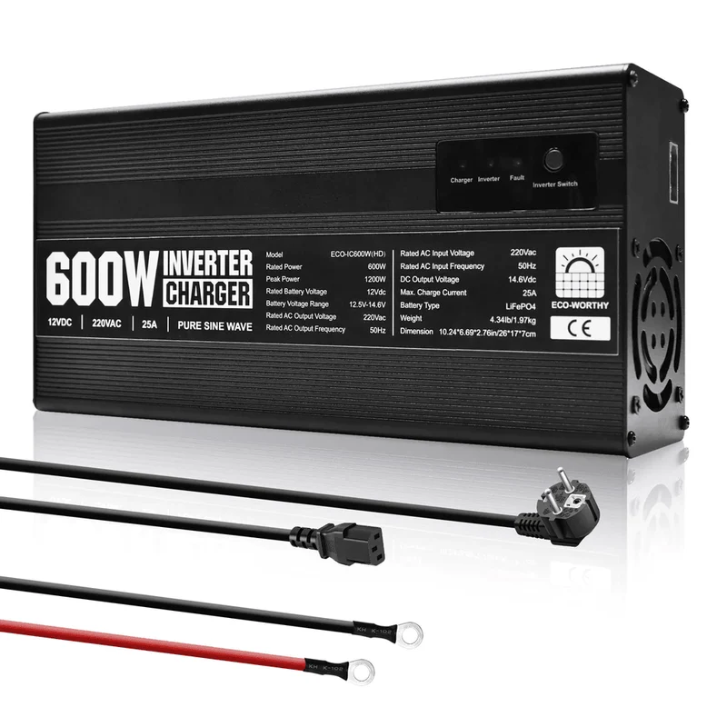 Caricabatterie LiFePO4 da 14,6 V 25 A con inverter da 600 W da 12 V a 230 V per batteria