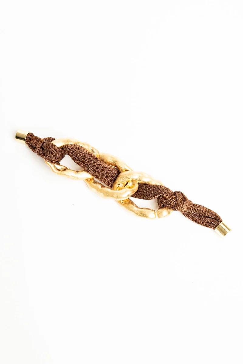 Bracciale intrecciato in metallo e tessuto cioccolato