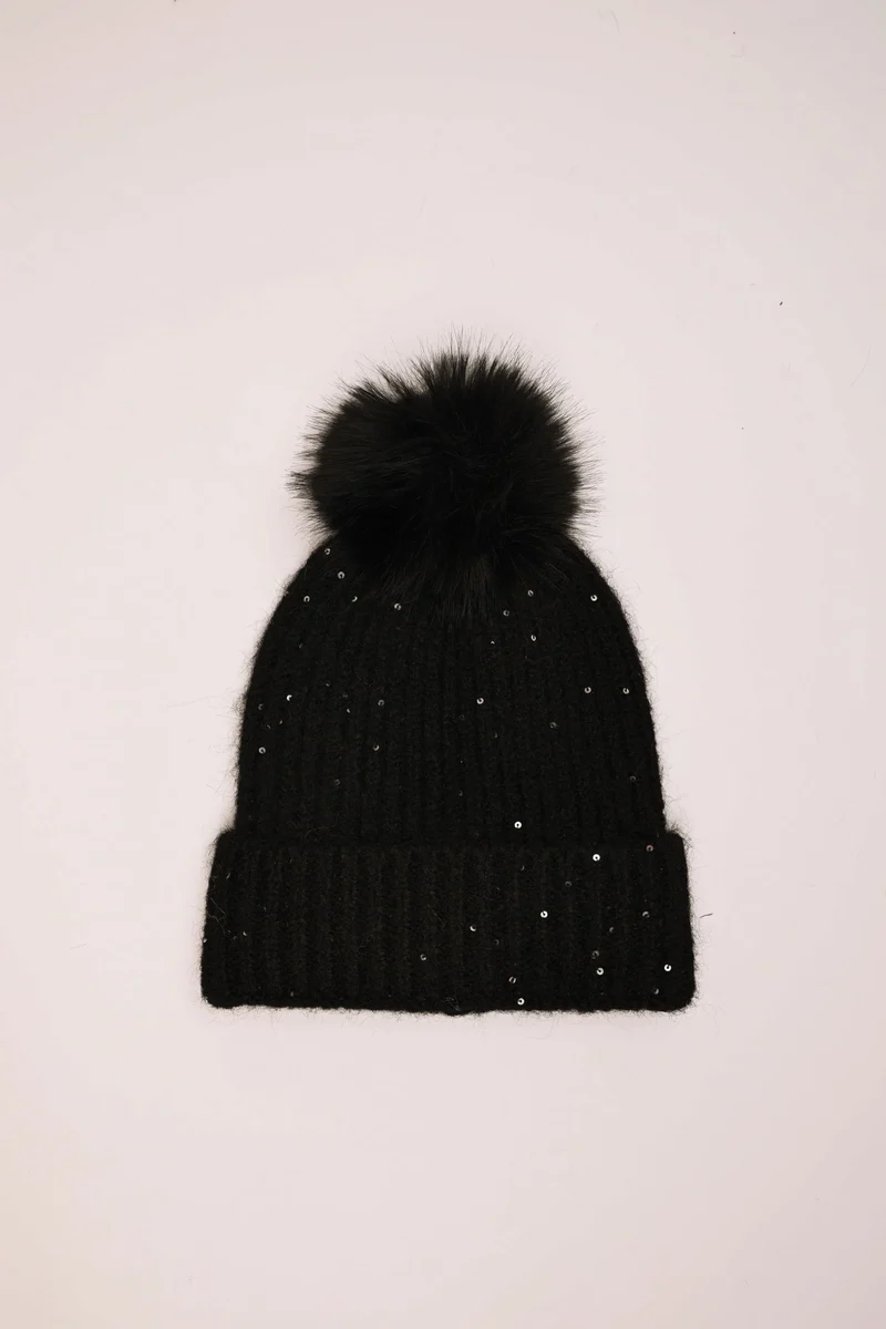 Berretto con pompon e paillettes