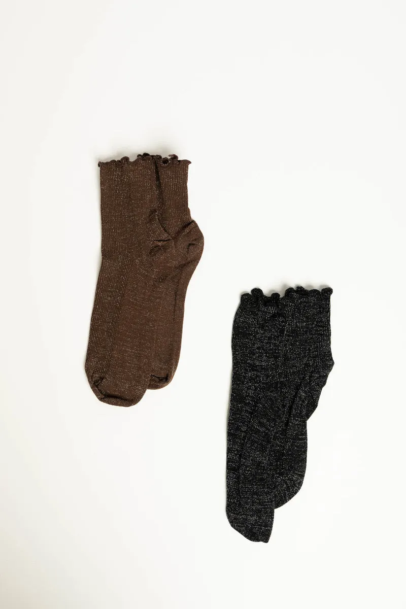 Set da due paia di calzini in maglia lurex cioccolato/nero