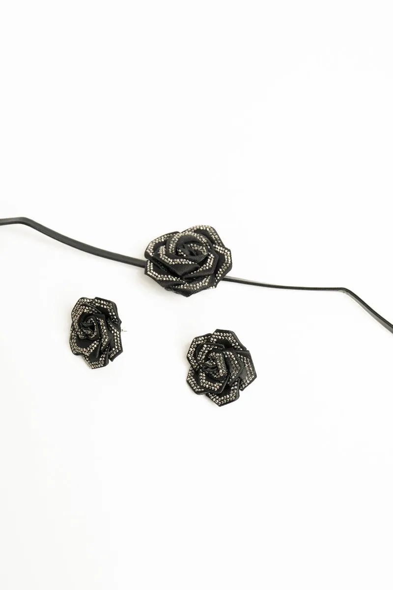 Set collana + orecchini rose 3D nere con strass