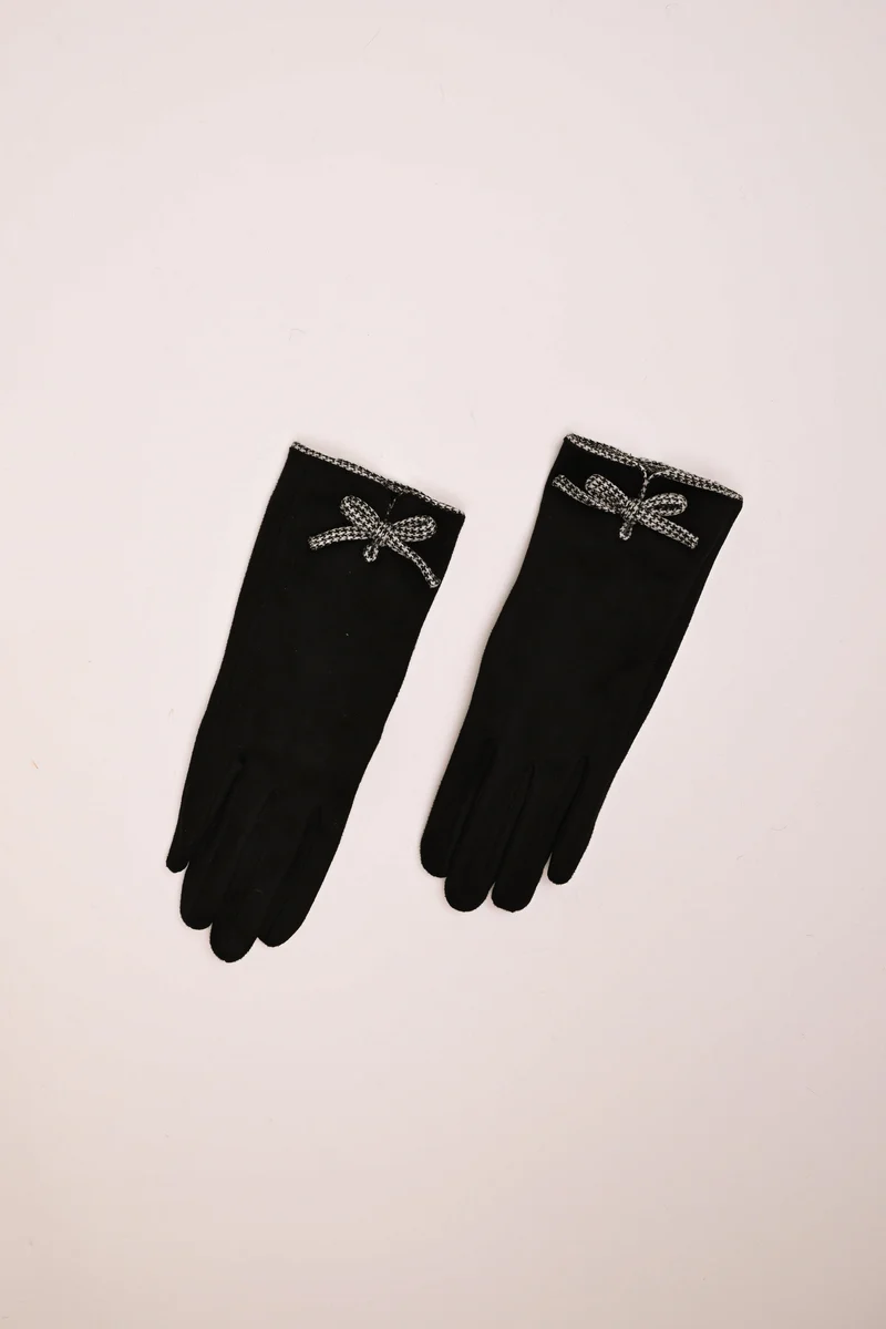 Guanti neri con fiocco pied de poule