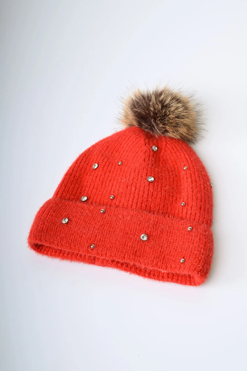 Berretto con pompon e strass