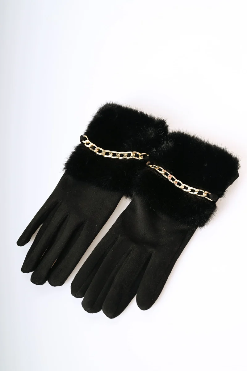 Guanti con polsino in faux fur e catenella