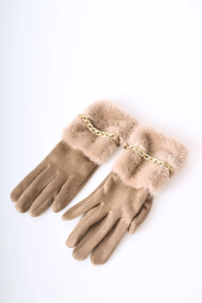 Guanti con polsino in faux fur e catenella