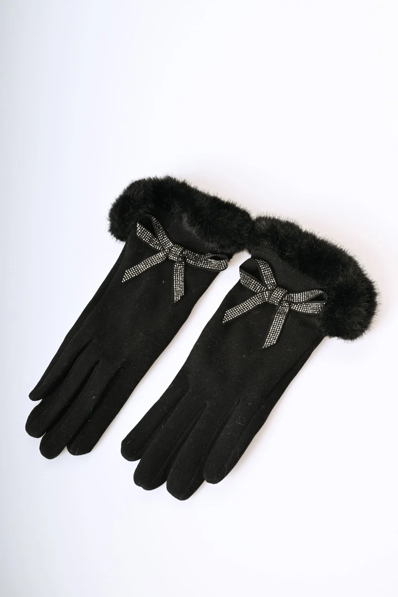 Guanti con bordo in faux fur e fiocco