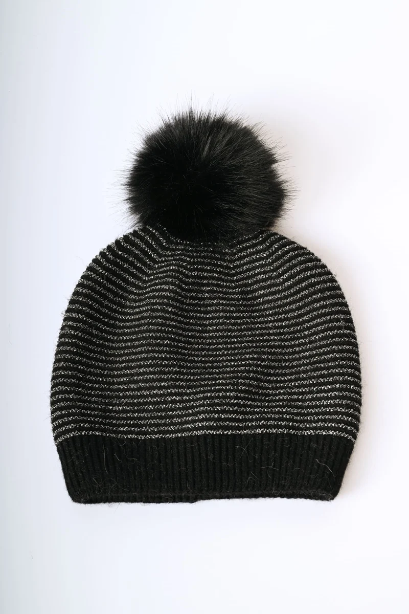 Berretto a righe lurex con pompon