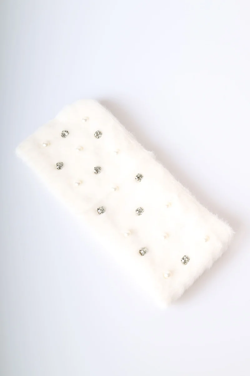 Fascia per capelli in faux fur con strass
