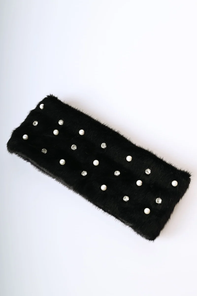 Fascia per capelli in faux fur con strass