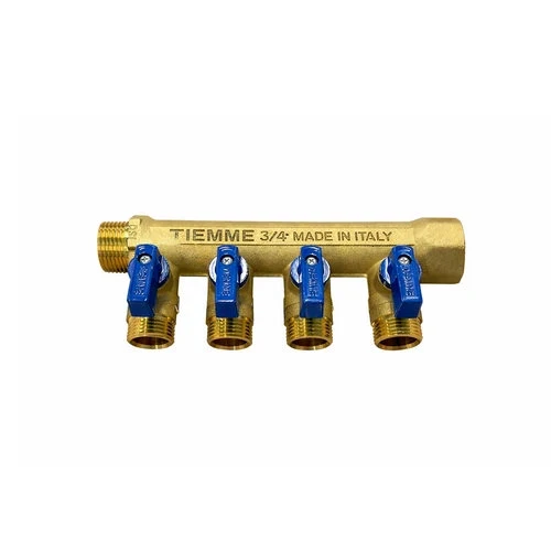Collettore nino 4 vie con valvole a sfera 3/4 x 1/2 4 vie blu