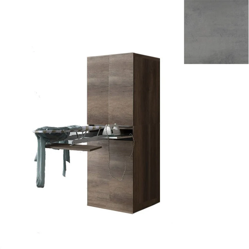 Mobile Lavanderia a Colonna per Lavatrice o Asciugatrice con Asse da Stiro e Ante 70x70x192A cm in Nobilitato Unika Grigio Cemento