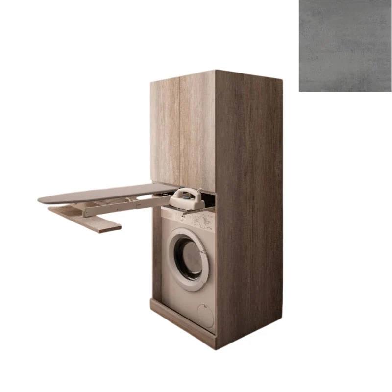 Mobile Lavanderia a Colonna per Lavatrice o Asciugatrice con Asse da Stiro e Ante Superiori 70x70x192A cm in Nobilitato Unika Grigio Cemento