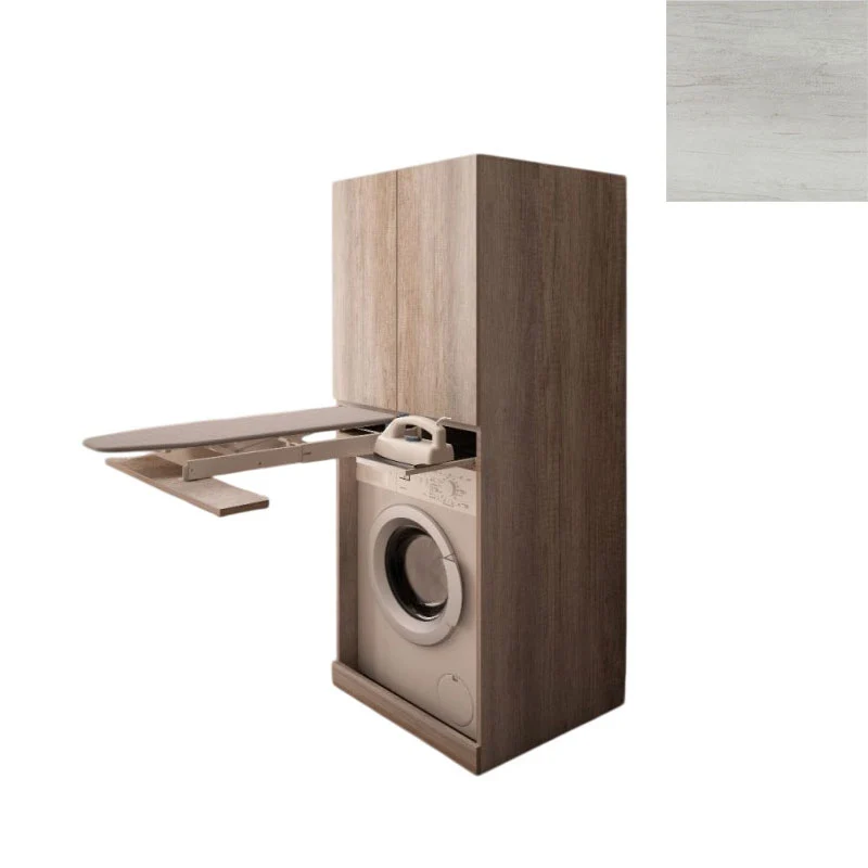 Mobile Lavanderia a Colonna per Lavatrice con Asse da Stiro e Ante Superiori 70x70x174A cm in Nobilitato Unika Olmo Bianco