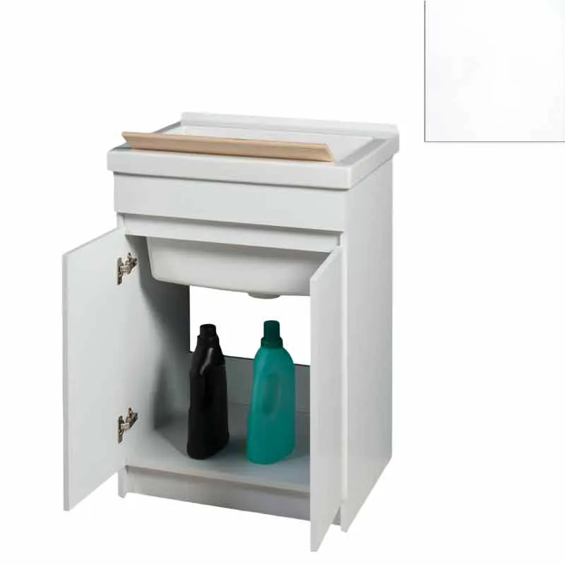 Mobile Lavatoio in Ceramica 2 Ante con Strofinatoio in Legno Massello 60x50x86A cm Bianco Opaco