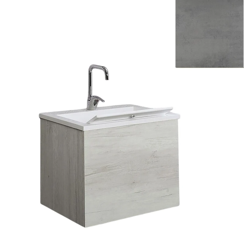 Mobile Lavatoio Sospeso Vasca Zeus in MineralMarmo Apertura a Cassettone 80x48x50 cm Grigio Cemento