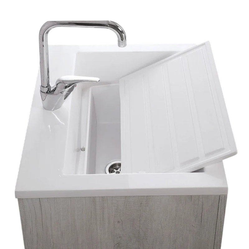 Mobile Lavatoio Sospeso Vasca Zeus in MineralMarmo Apertura a Cassettone 80x48x50 cm Grigio Cemento