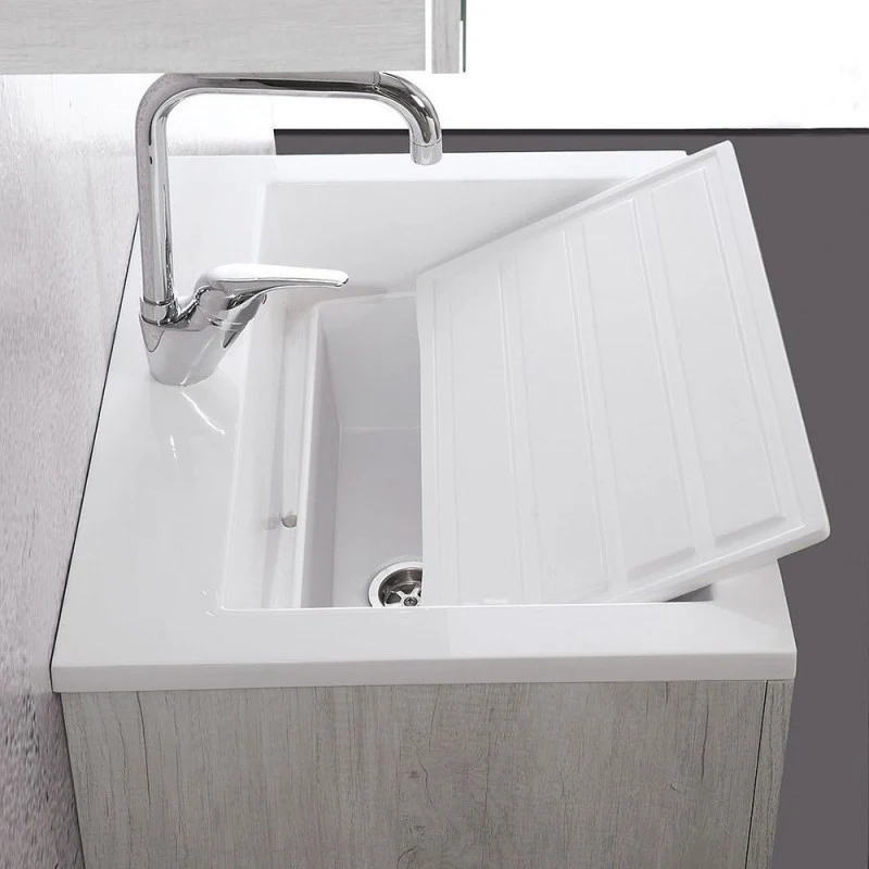 Mobile Lavatoio Sospeso Vasca Zeus in MineralMarmo Apertura a Cassettone 60x48x50 cm Grigio Cemento