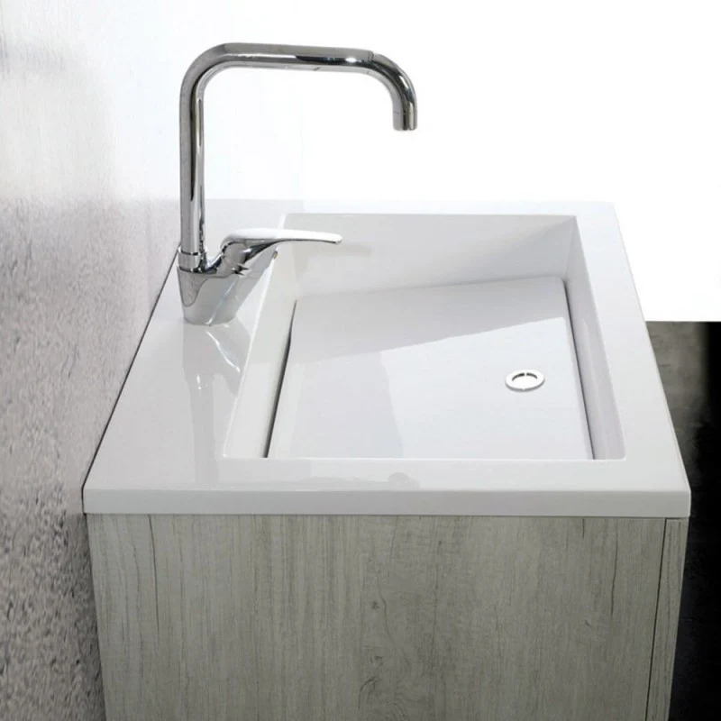 Mobile Lavatoio Sospeso Vasca Zeus in MineralMarmo Apertura a Cassettone 60x48x50 cm Grigio Cemento