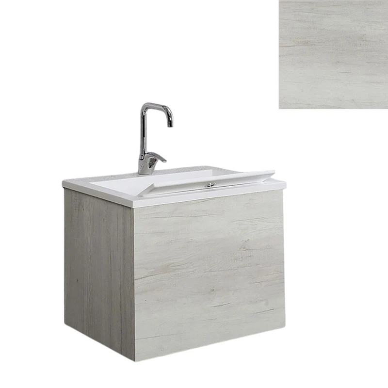 Mobile Lavatoio Sospeso Vasca Zeus in MineralMarmo Apertura a Cassettone 60x48x50 cm Olmo Bianco