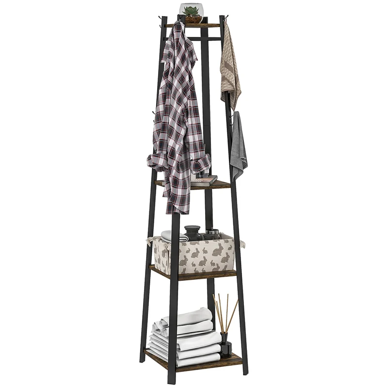 Appendiabiti da Terra 34x34x170 cm con 8 Ganci e 4 Ripiani in MDF Marrone