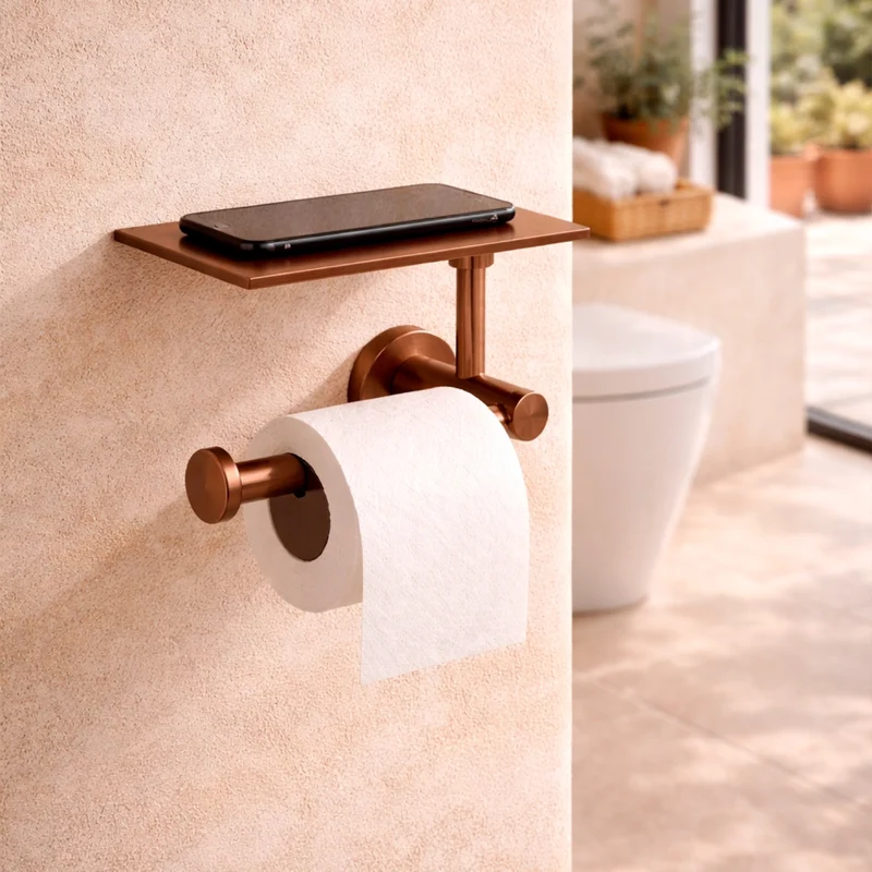 Sined Porta Rotolo Inox Satinato Oro Rosa con Ripiano DAppoggio in Acciaio 316L per Bagni Moderni - Modello Levante
