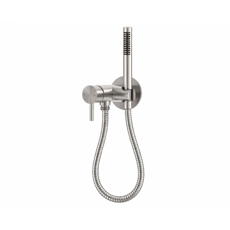 Miscelatore a muro con doccino e flessibile acciaio inox 316L colore inox ugelli anticalcare controllo acqua calda-fredda finitura satinata SET-MISCELATORE-ATTACCO-DOCCINO-INOX