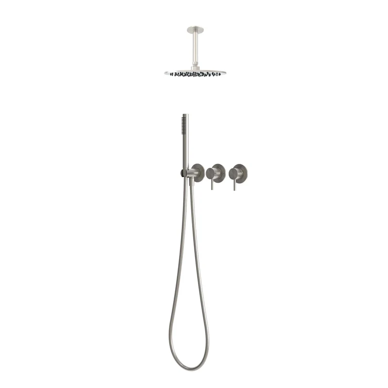 Kit doccia a soffitto corto 30 cm inox acciaio inox 316L con soffione braccio miscelatore deviatore doccino supporto e tubo flessibile KIT-DOCCIA-SOFFITTO-CORTO-30-INOX