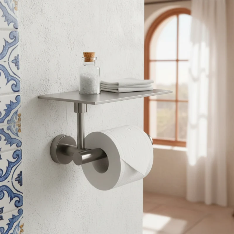 SINED Porta rotolo carta igienica inox satinato in acciaio inox resistente e duraturo per arredo bagno moderno – modello PORTA-ROTOLO-APPOGGIO-LEVANTE-CANNA-FUCILE