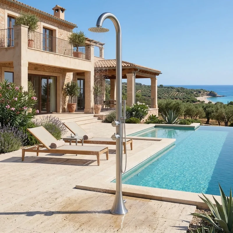 Doccia piscina SINED Luna In Acciaio Inox 316l Acciaio Spazzolato Con Doccino Flessibile Acqua calda e fredda Per Interni Ed Esterni Resistente Ingresso acqua dal basso o laterale