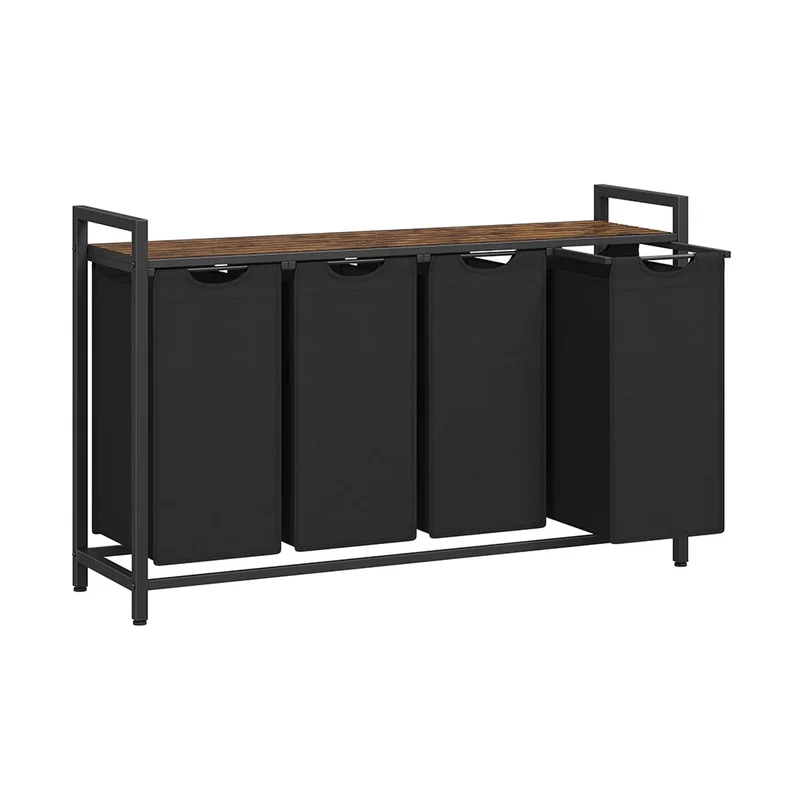 Cesto portabiancheria con 3 scomparti e 1 ripiano portaoggetti rimovibile per sacchetti capacità 38 litri per sacchetto per bagno/lavanderia marrone rustico e nero 12_0006759
