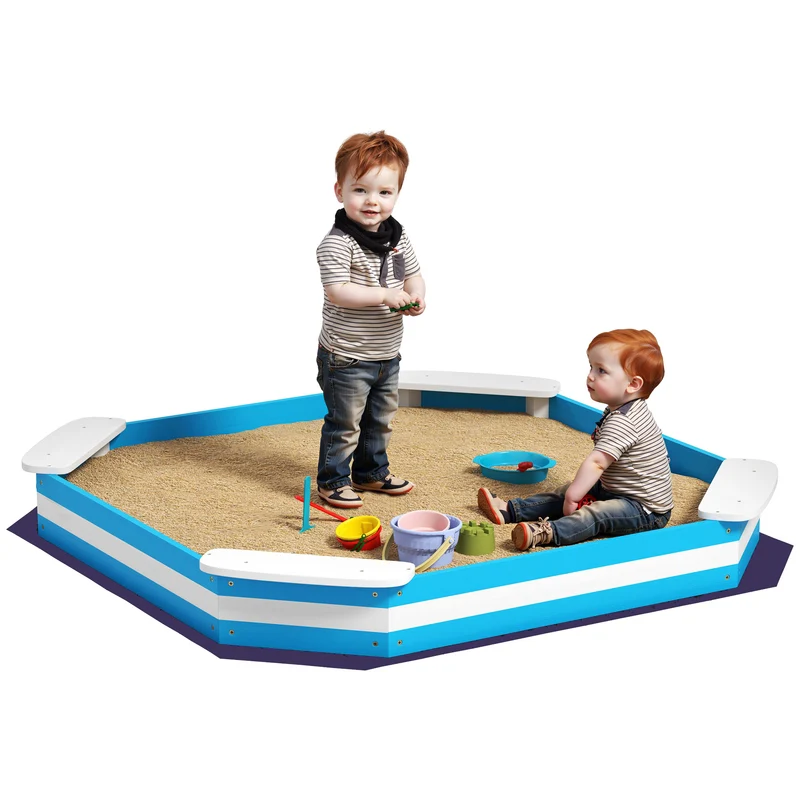 Sabbiera per Bambini 133x133x16 cm con 4 Sedute Angolari in Legno Blu e Bianco