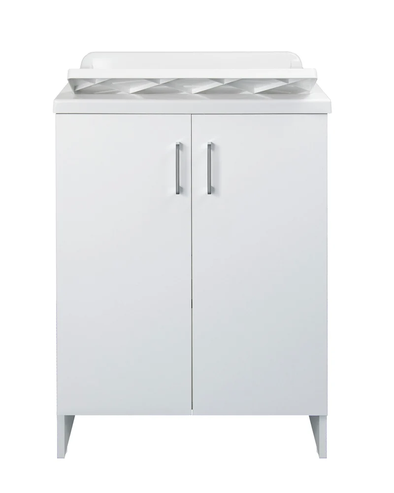Mobile Lavatoio 2 Ante in Nobilitato 60x50x85 cm Vasca in PP con Asse in Resina e Kit di Scarico Bianco