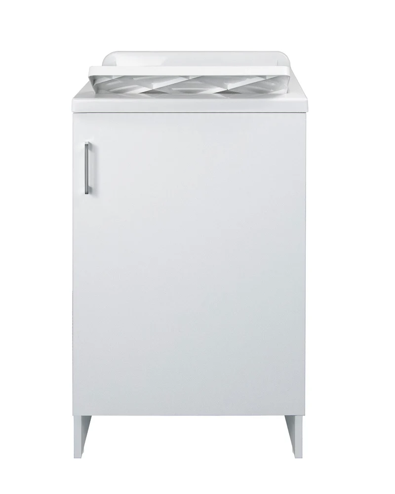 Mobile Lavatoio 1 Anta in Nobilitato 45x50x85 cm Vasca in PP con Asse in Resina e Kit di Scarico Bianco