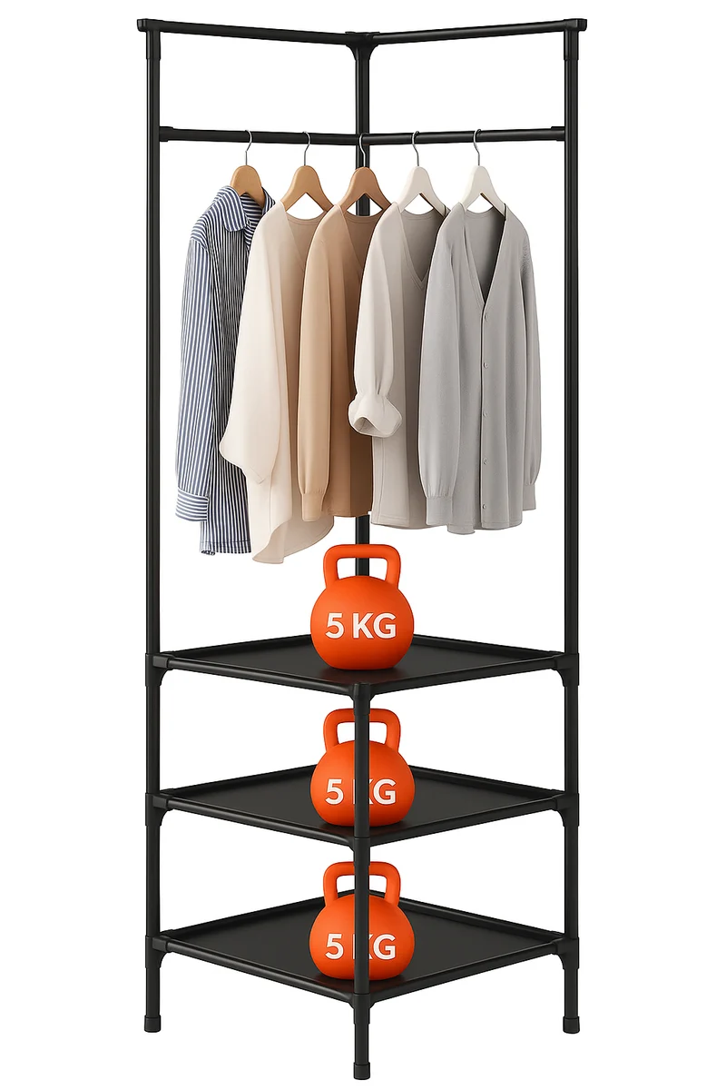 Generico Appendiabiti Angolare con 3 Ripiani – Struttura in Metallo Resistente, Design Salvaspazio 180x45x45 cm, Portabiti con Asta e Mensole Portaoggetti, Portata 5 kg per Ripiano