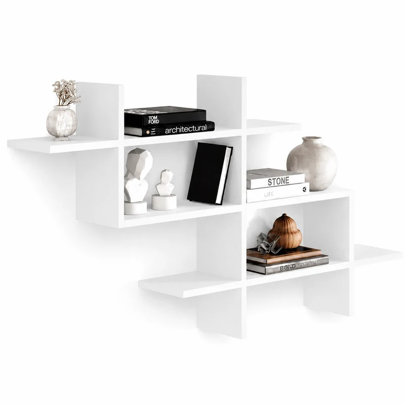 Mensola Libreria 3 Ripiani Geometrica in Legno Salvaspazio 150x82x22 cm Bianco