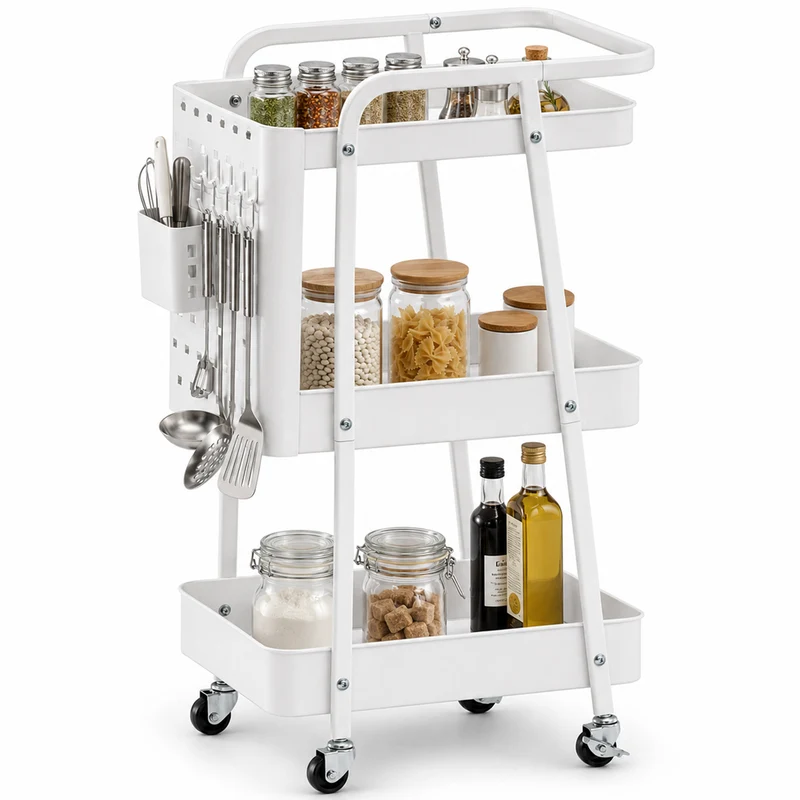 Carrello da Cucina Bianco Acciaio 3 Ripiani Carrellino Salvaspazio 47.5x32x73.5cm