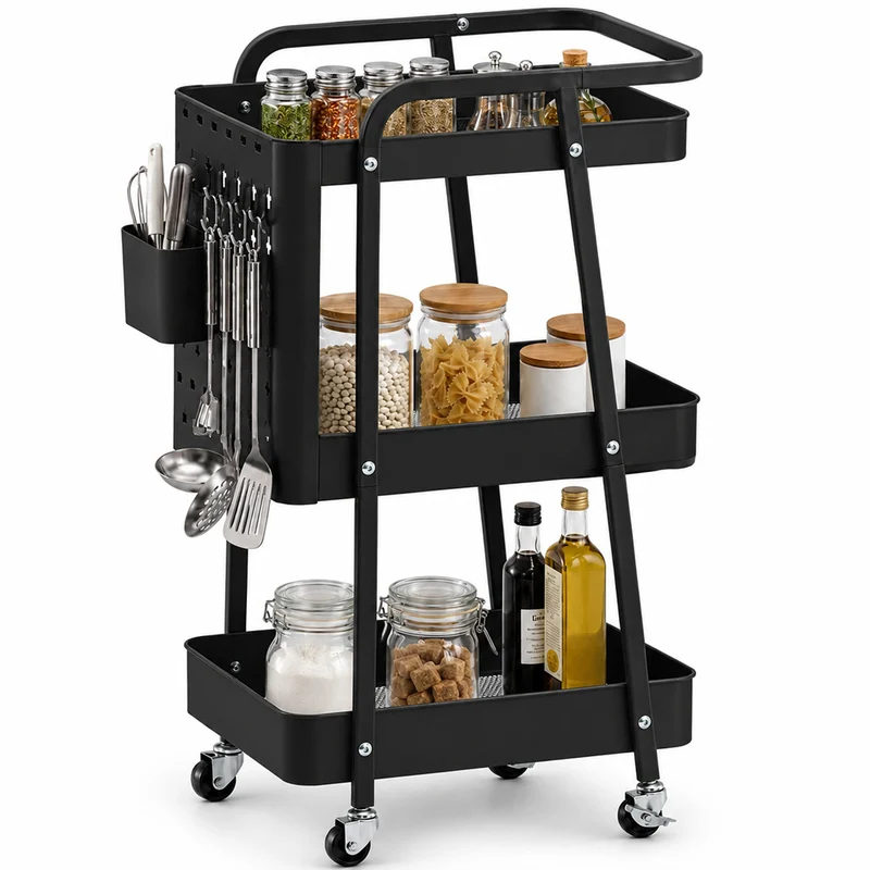 Carrello da Cucina Nero Acciaio 3 Ripiani Carrellino Salvaspazio 47.5x32x73.5cm