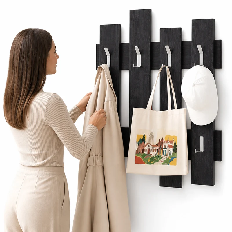Appendiabiti da Muro Attaccapanni Montaggio Parete H79xl64xP4cm Legno Nero