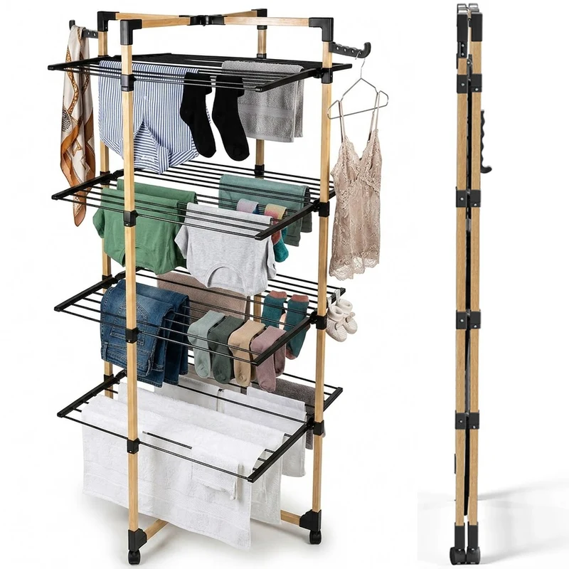 Stendibiancheria a Torre Verticale Pieghevole a 4 Livelli 69x175x69cm con Ruote