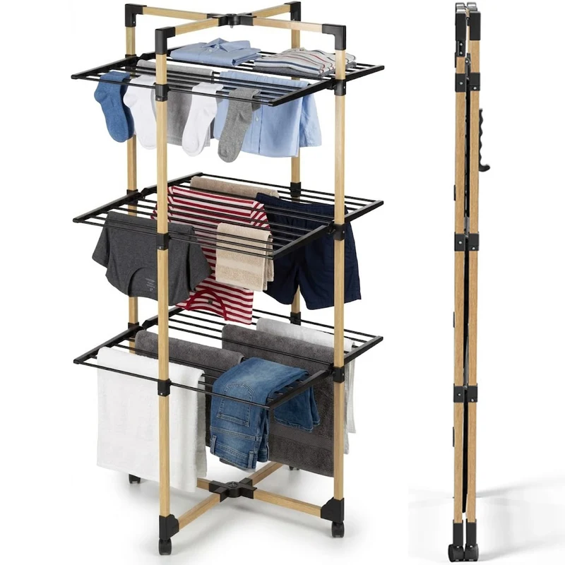 Stendibiancheria a Torre Verticale Pieghevole a 3 Livelli 69x136x69cm con Ruote