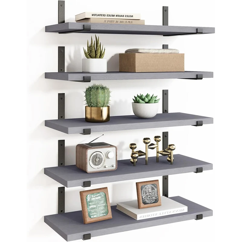 Set 5 Mensole da Parete Grigio Scaffali da Muro con Staffe in Metallo 40x12 cm