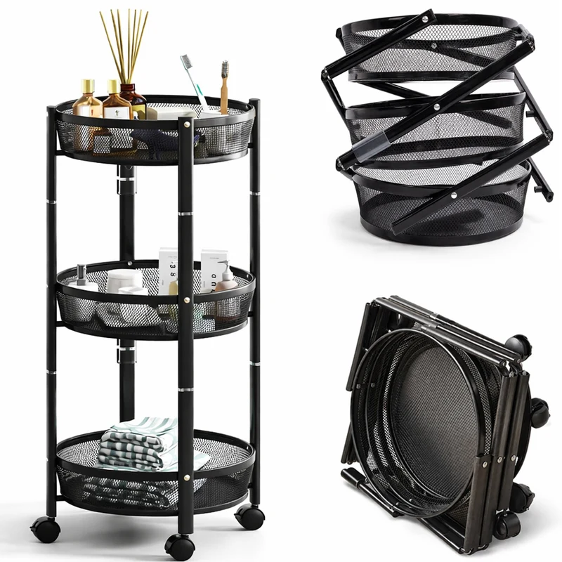 Carrello Pieghevole Salvaspazio Nero con 3 Ripiani Organizer Versatile 88x35cm