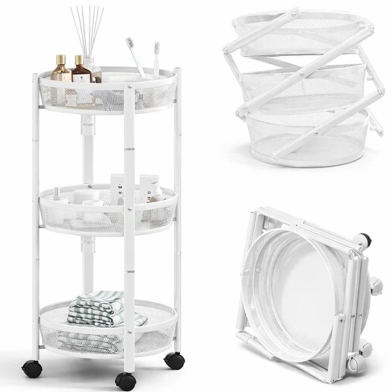 Carrello Pieghevole Salvaspazio Bianco con 3 Ripiani Organizer Versatile 88x35cm