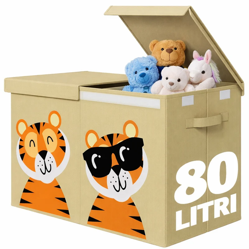 Box Contenitore Giocattoli con Animali Doppio Pieghevole 80L Beige Salvaspazio