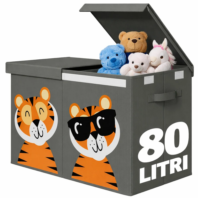 Box Contenitore Giocattoli con Animali Doppio Pieghevole 80L Grigio Salvaspazio