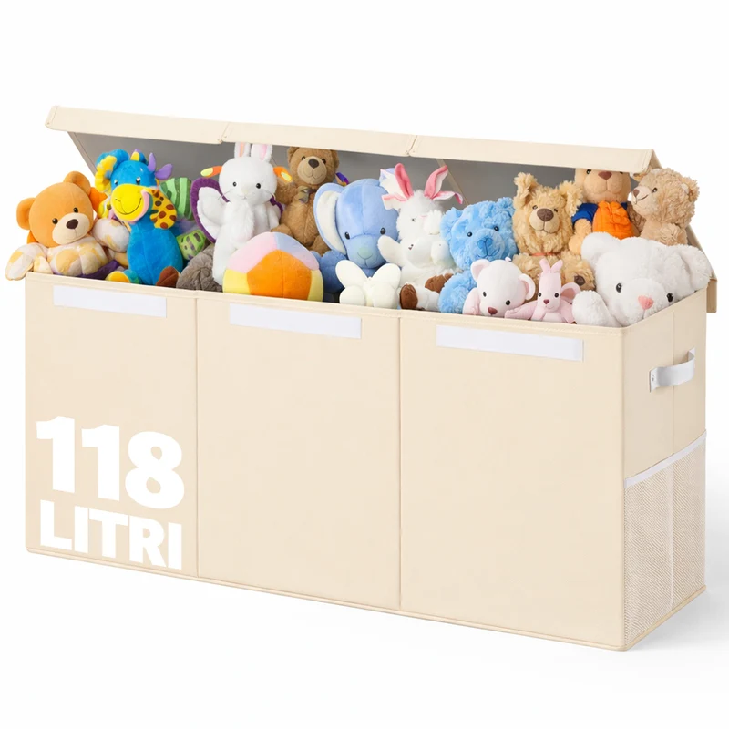 Contenitore Box 3 Scomparti Beige Scatola Cesta Giocattoli Organizer Multiuso