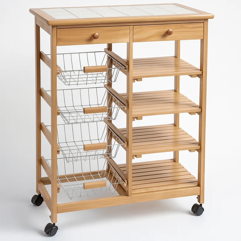 Carrello da Cucina con Top in Ceramica Carrellino in Legno con Cassetti e Ruote