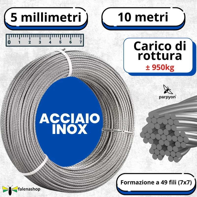 Fune Acciaio INOX AISI 316 per Esterno 49F.- D.5mm