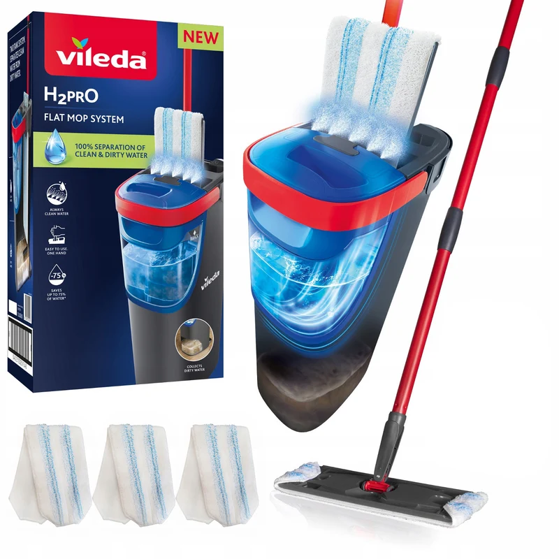 Mop piatto Vileda H2prO, separazione al 100% dell'acqua pulita da quella sporca, due serbatoi, 3 ricambi in microfibra, testina a 360°, 175774