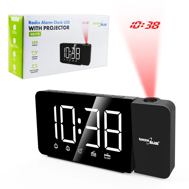 Sveglia digitale LED con proiettore GreenBlue, radio FM, allarme, orologio 12/24, alimentazione USB 5V DC + CR2032, GB172